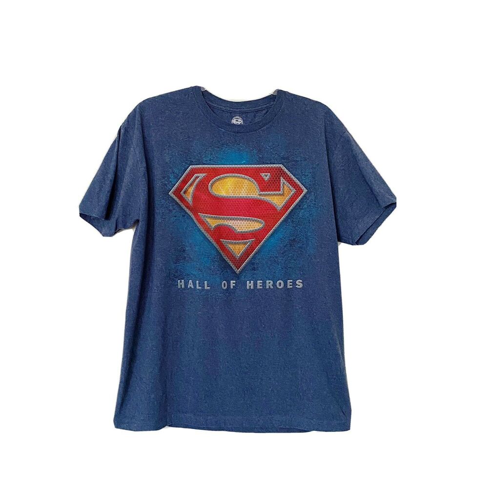 Superman Hall of Heroes Men's T-Shirt Size XL Blue Short Sleeved